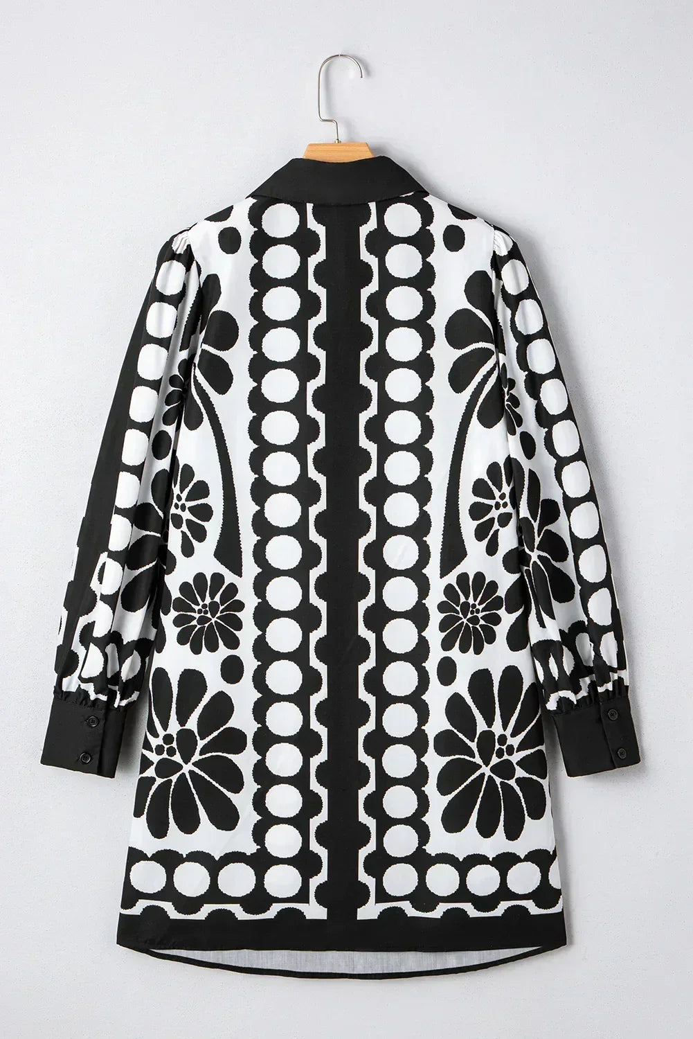 Black Abstract Print V Neck Puff Sleeve Mini Dress