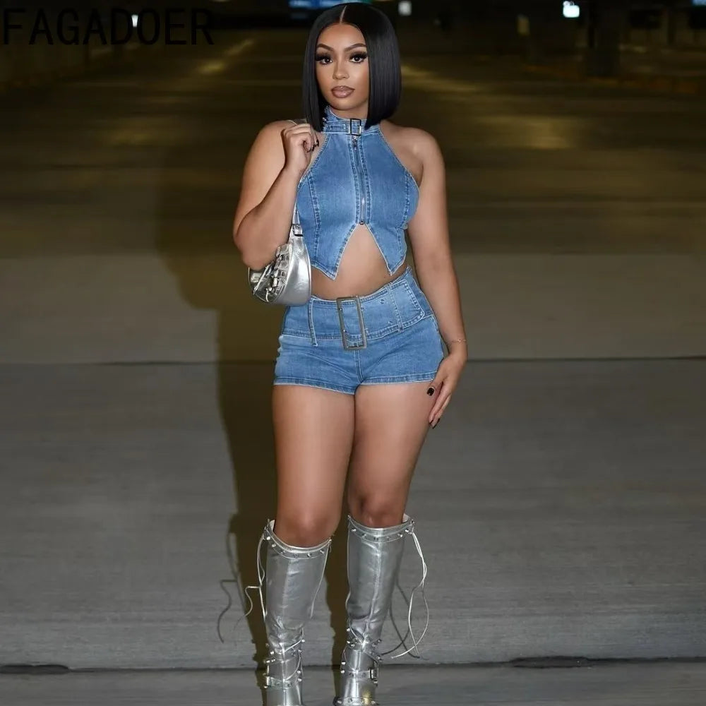 FAGADOER Y2K Sexy Denim 2 Piece Sets Woman Outfit Zipper Sleeveless Backless Halter Crop Top and Shorts Suits Female Streetwear