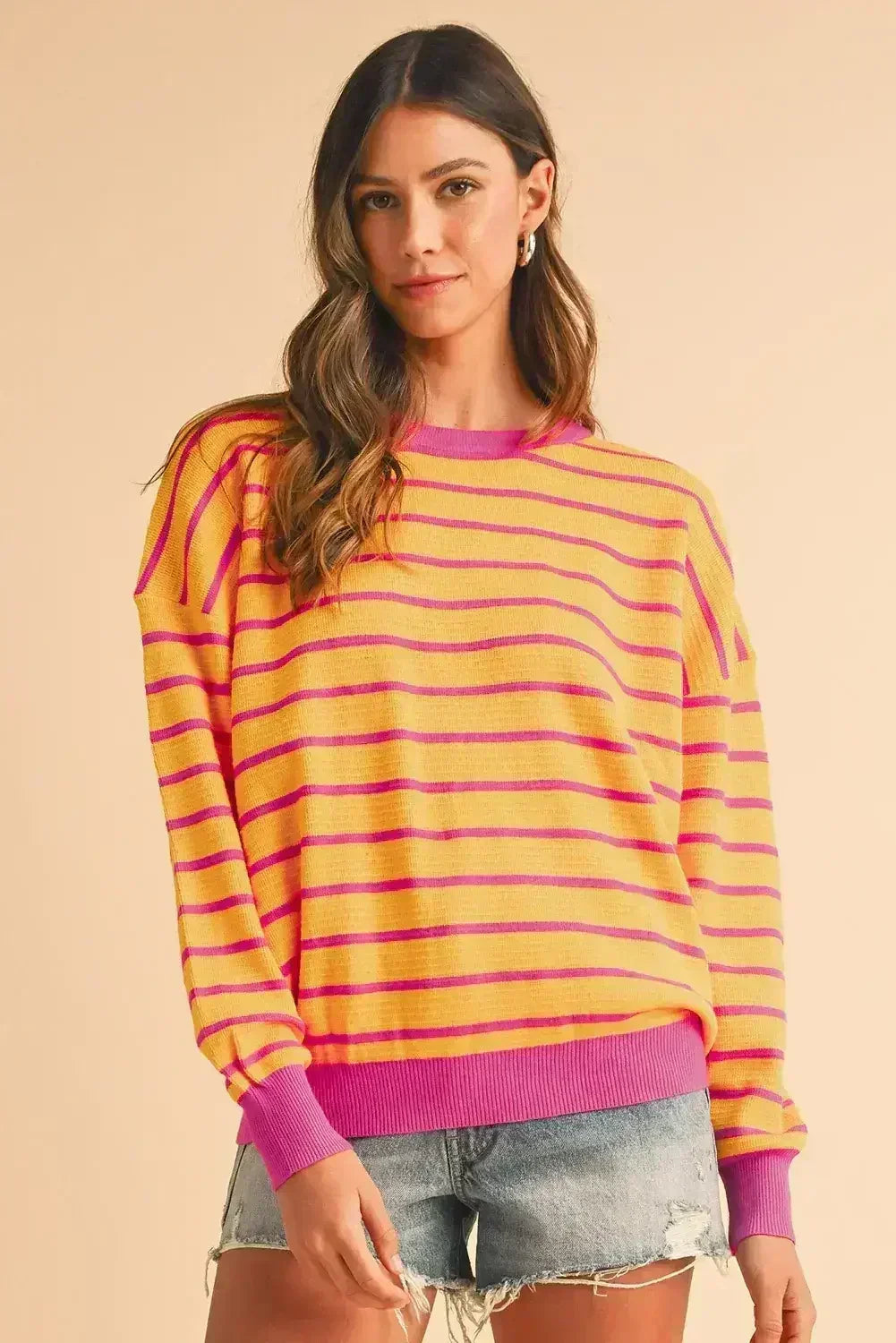 Pink Stripe Round Neck Drop Shoulder Loose Sweater