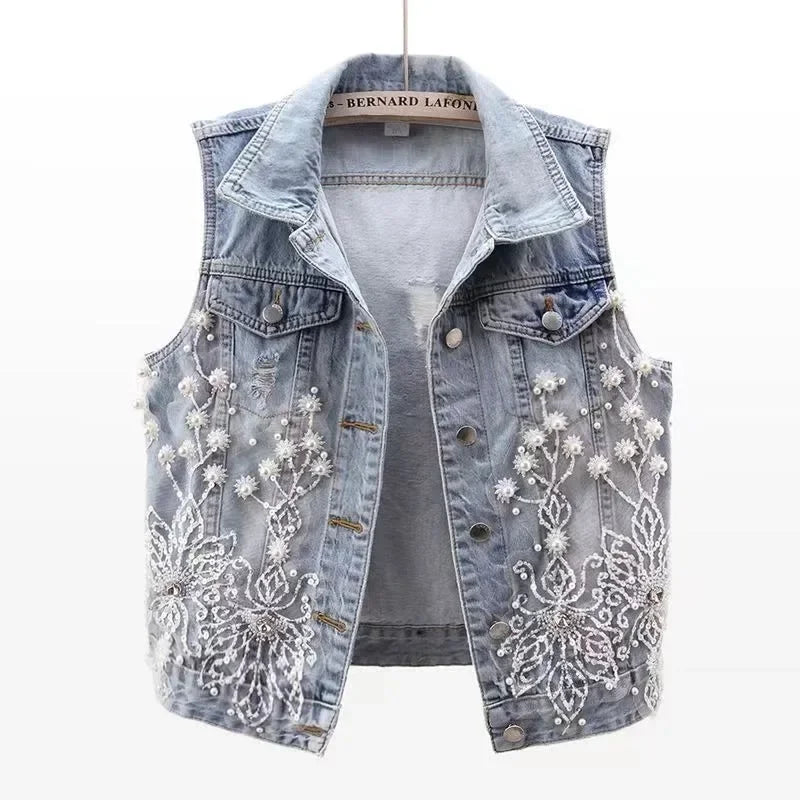 fashion Lace Beaded Denim Vest Women Cardigan 2025 New spring  Sleeveless Jacket Fashion Loose Vintage jeans Waistcoat tide R359