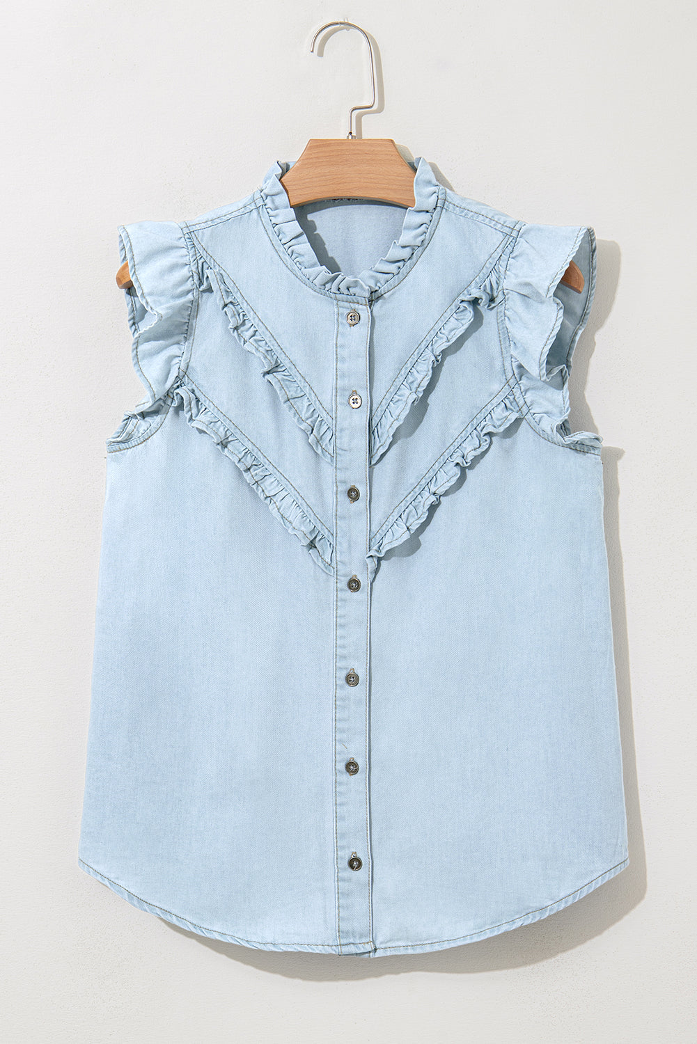 Mazie Mineral Wash Cap Sleeve Frilled Button Up Denim Shirt