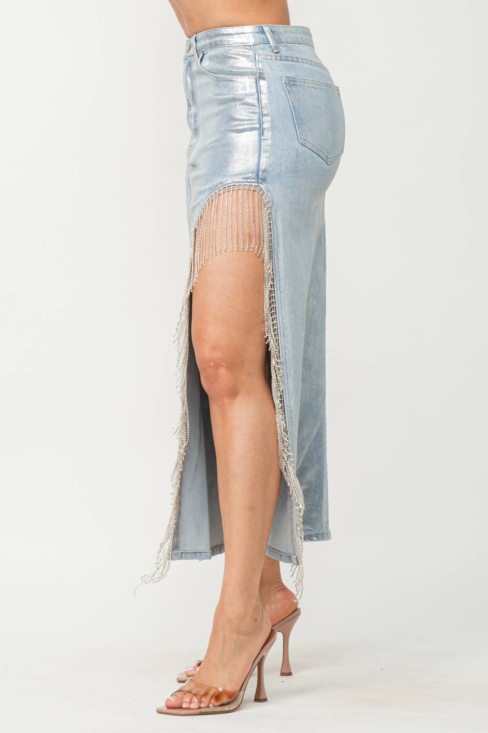 DEMI LUXE Denim Metallic Foil Side Slit Rhinestone Fringe Maxi Skirt