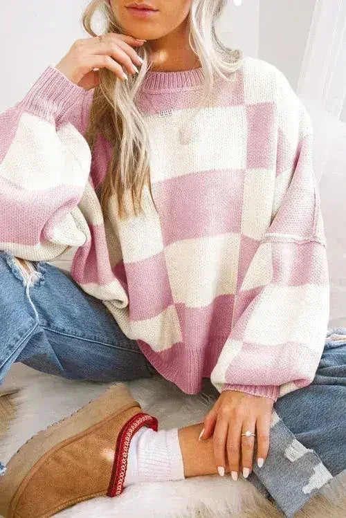 Orange Checkered Bishop Sleeve Sweater - Femstylo