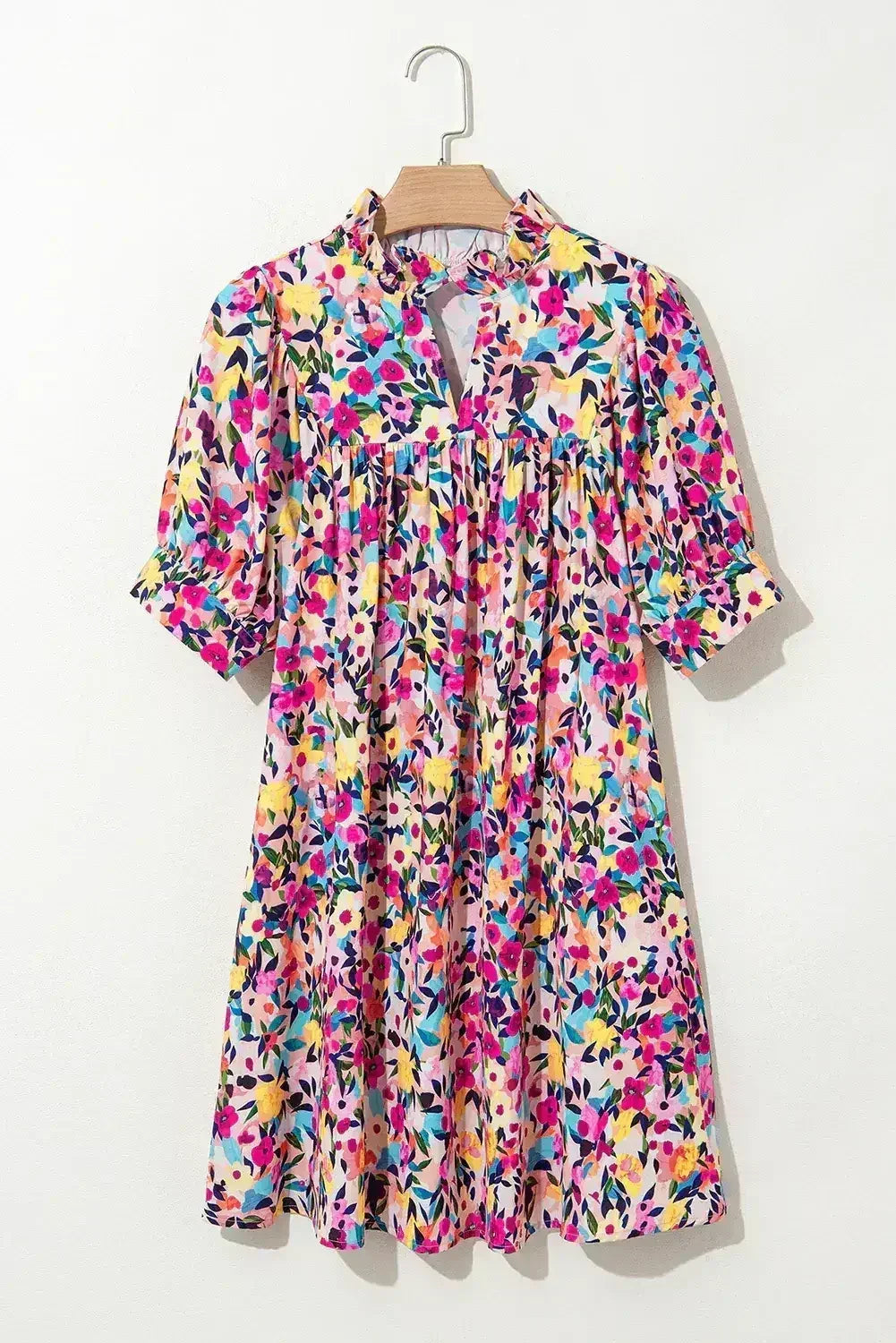 Pink Floral Puff Short Sleeve V Neck Mini Dress