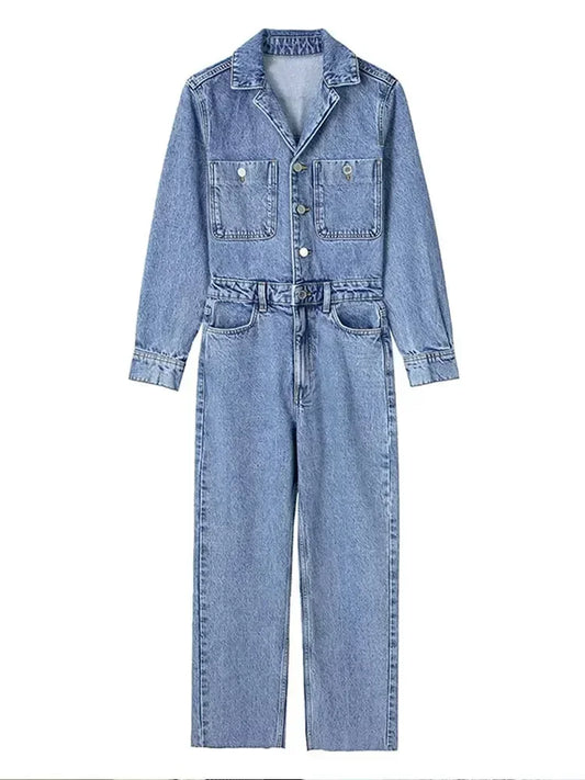 Autumn Denim Jumpsuit for Women Overalls Woman Jean Overalls Long Sleeve Elegant Jumpsuits Y2k Streetwear 2024 Turn Down Collar