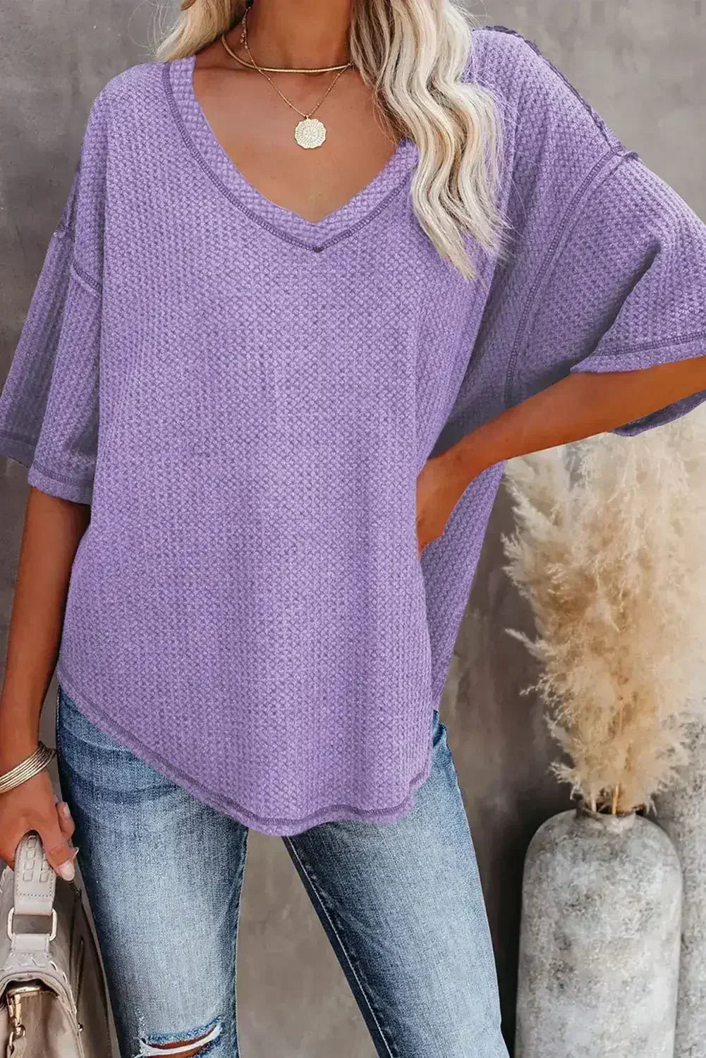 Blue Exposed Seam Drop Sleeve V Neck Waffle Textured Top