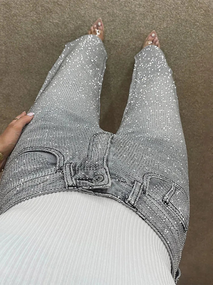 Y2k Women Shiny Rhinestone Denim Pants Wide Leg Straight Full Diamond Jeans for Female Dragging High Street Outwear Trousers