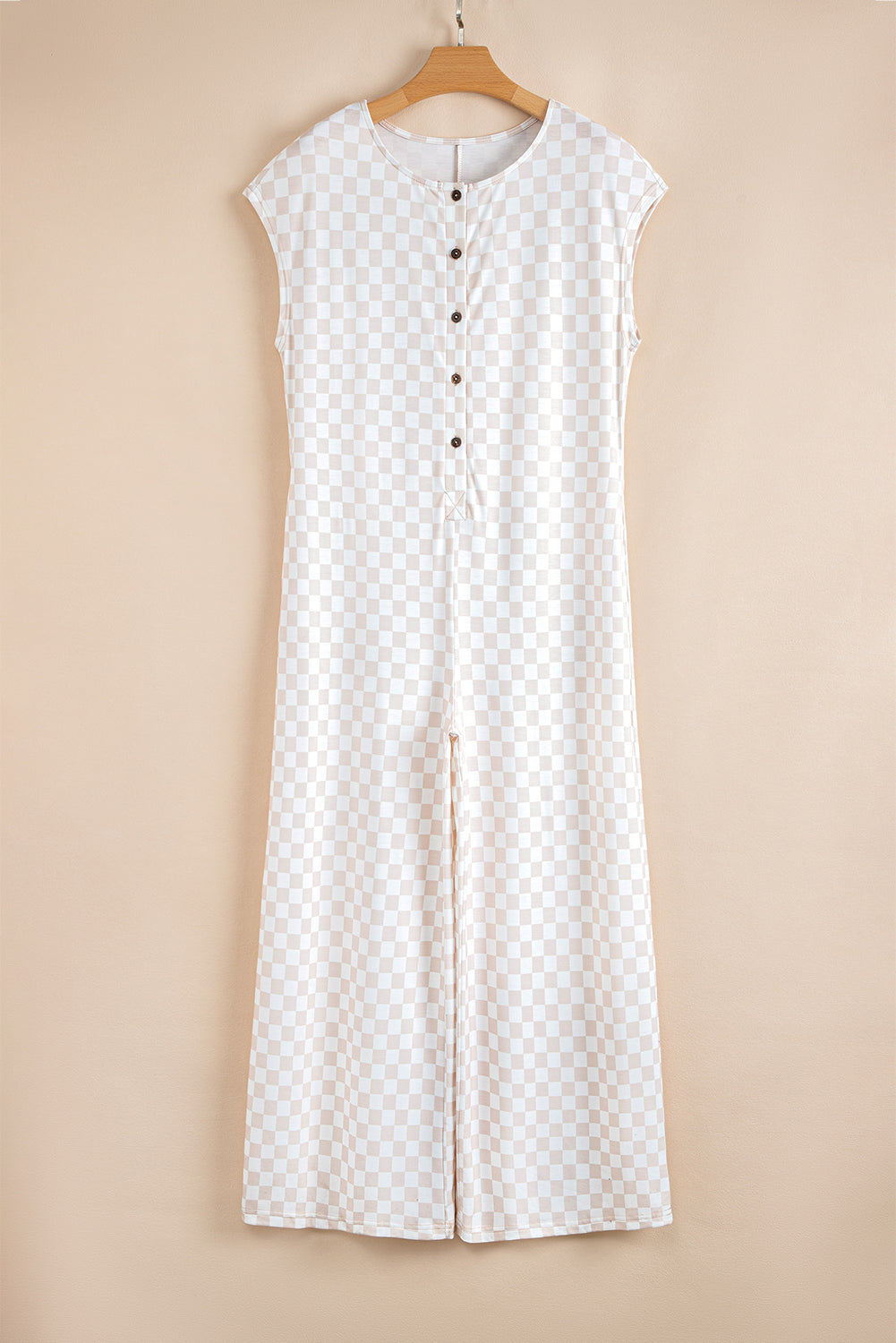 Paisley Checkered Buttoned Crew Neck Wide Leg Jumpsuit