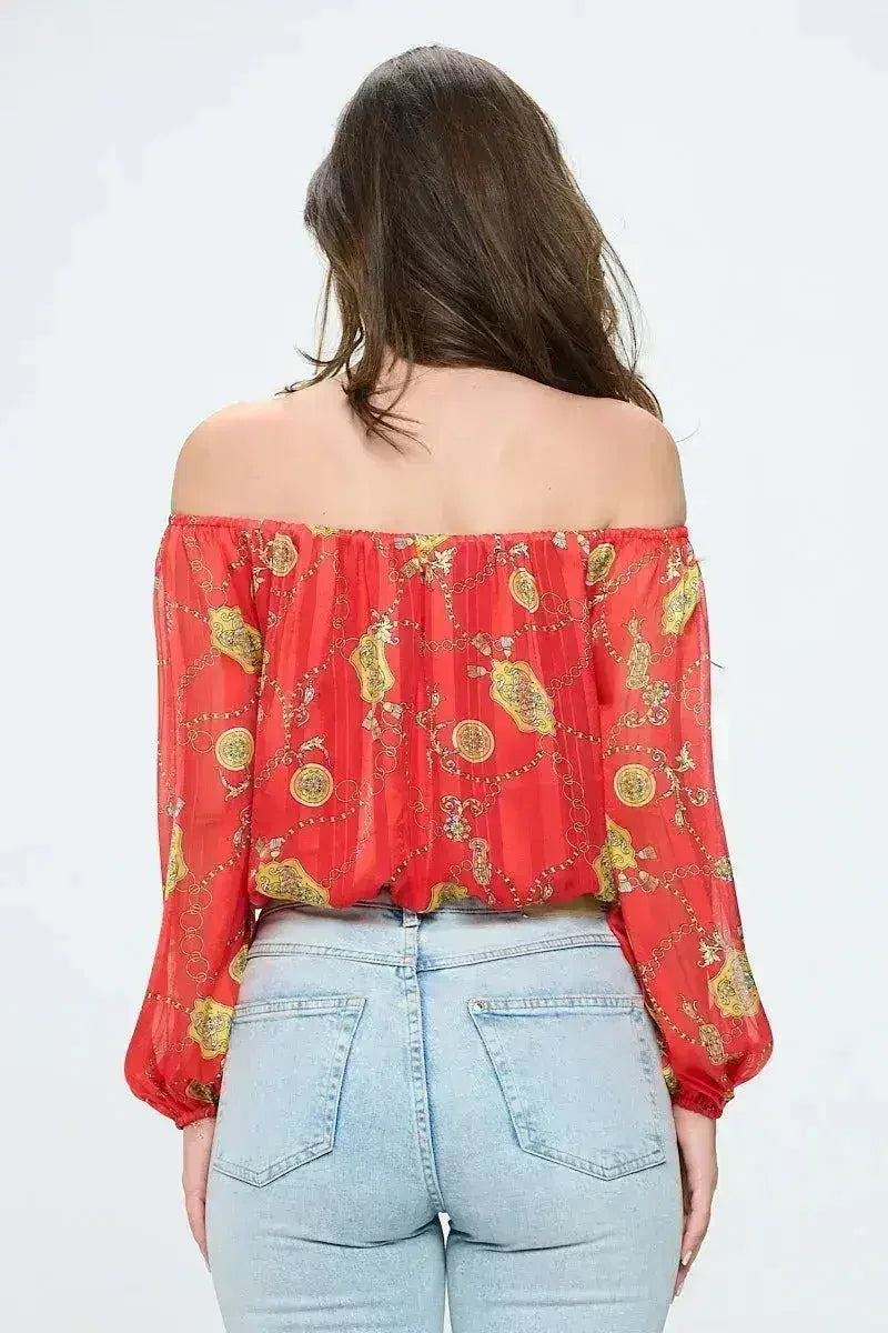 Off-Shoulder Chain Print Crop Top - Red & Black Chiffon Blouse - Femstylo
