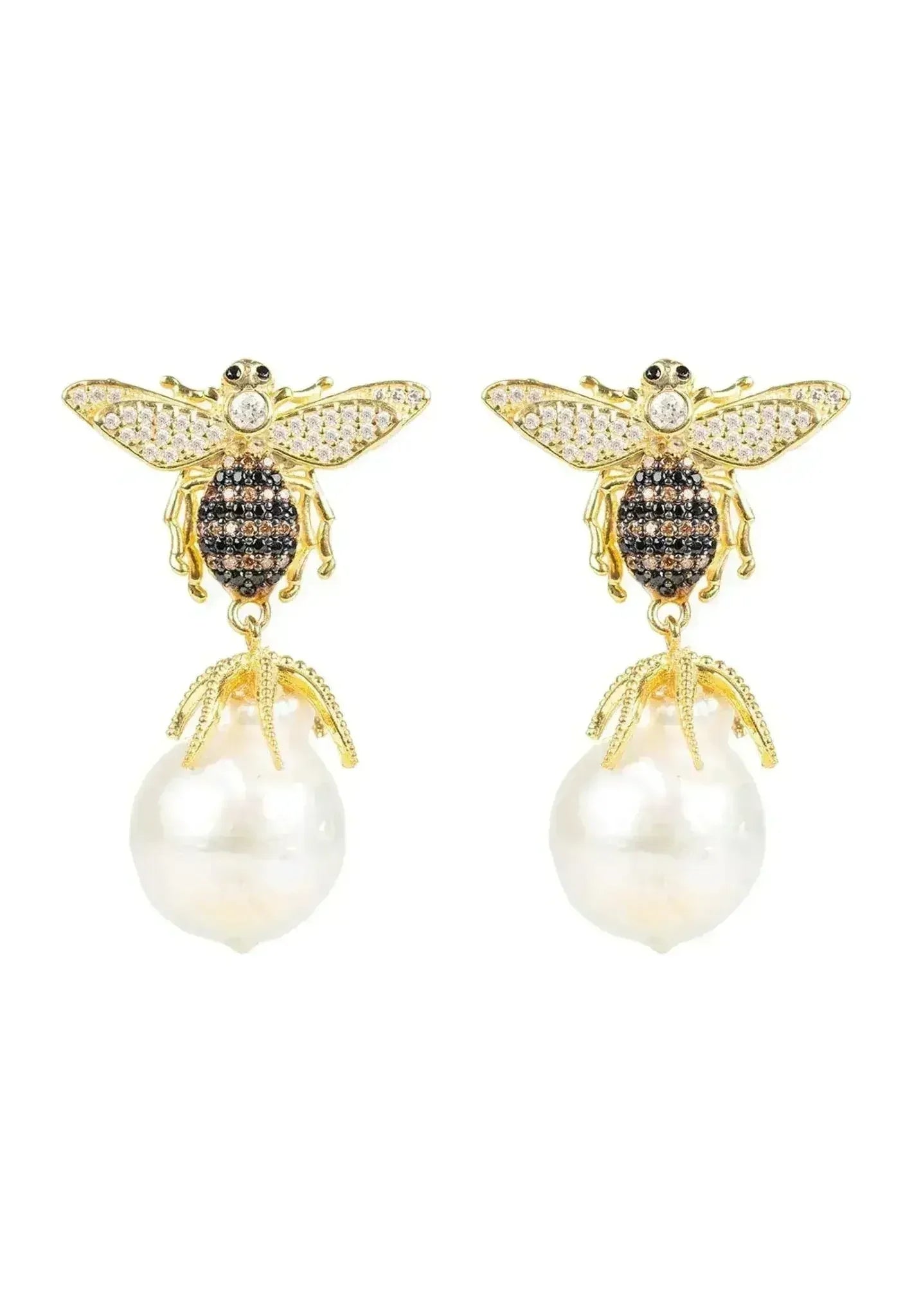 Baroque Pearl Bee Earrings | Gold Drop Nature-inspired Jewelry - Femstylo