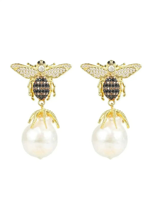 Baroque Pearl Bee Earrings | Gold Drop Nature-inspired Jewelry - Femstylo