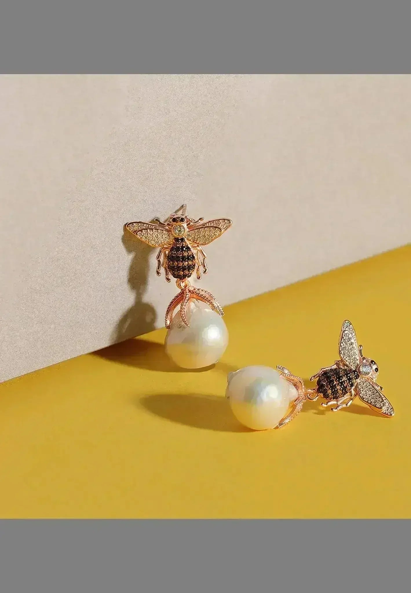 Baroque Pearl Bee Earrings | Gold Drop Nature-inspired Jewelry - Femstylo