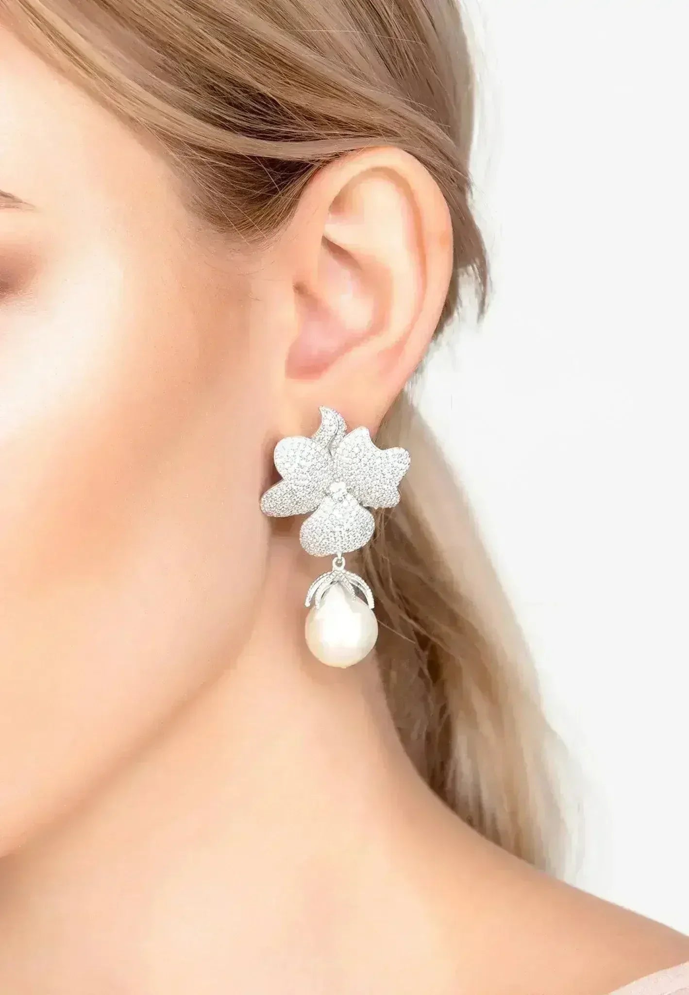 Baroque Pearl Flower Drop Earrings | Wedding Sterling Silver - Femstylo