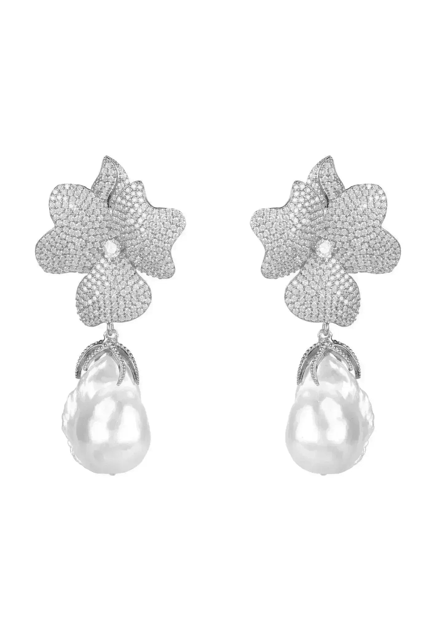 Baroque Pearl Flower Drop Earrings | Wedding Sterling Silver - Femstylo