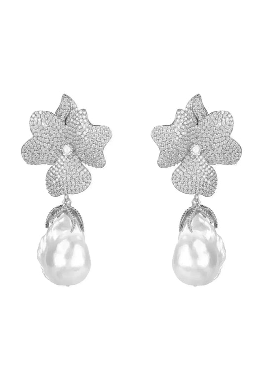 Baroque Pearl Flower Drop Earrings | Wedding Sterling Silver - Femstylo