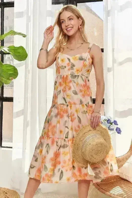 ADORA Floral Smocked Back Dress – Adjustable Strap Midi