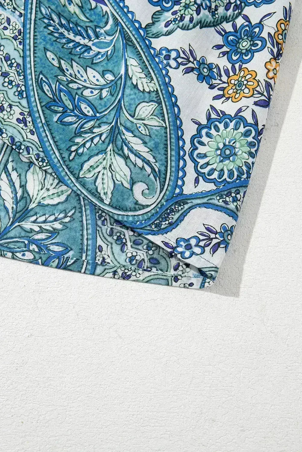 Blue Bohemian Paisley Floral V Neck Puff Sleeve Mini Dress