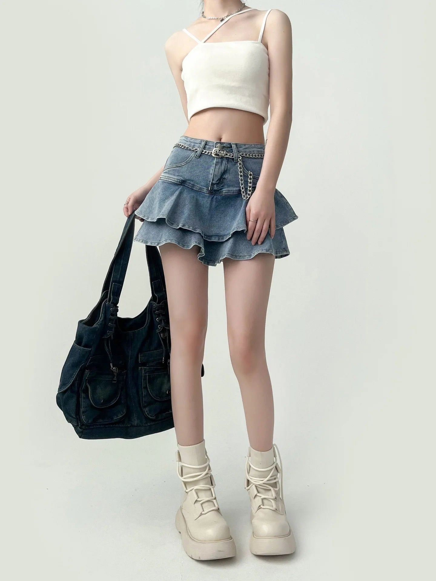 Spice Girls Denim Skirt Anti-Slip Double Denim Skirt Women's Stretch High-Waisted Slimming A-Line Cake Skirt