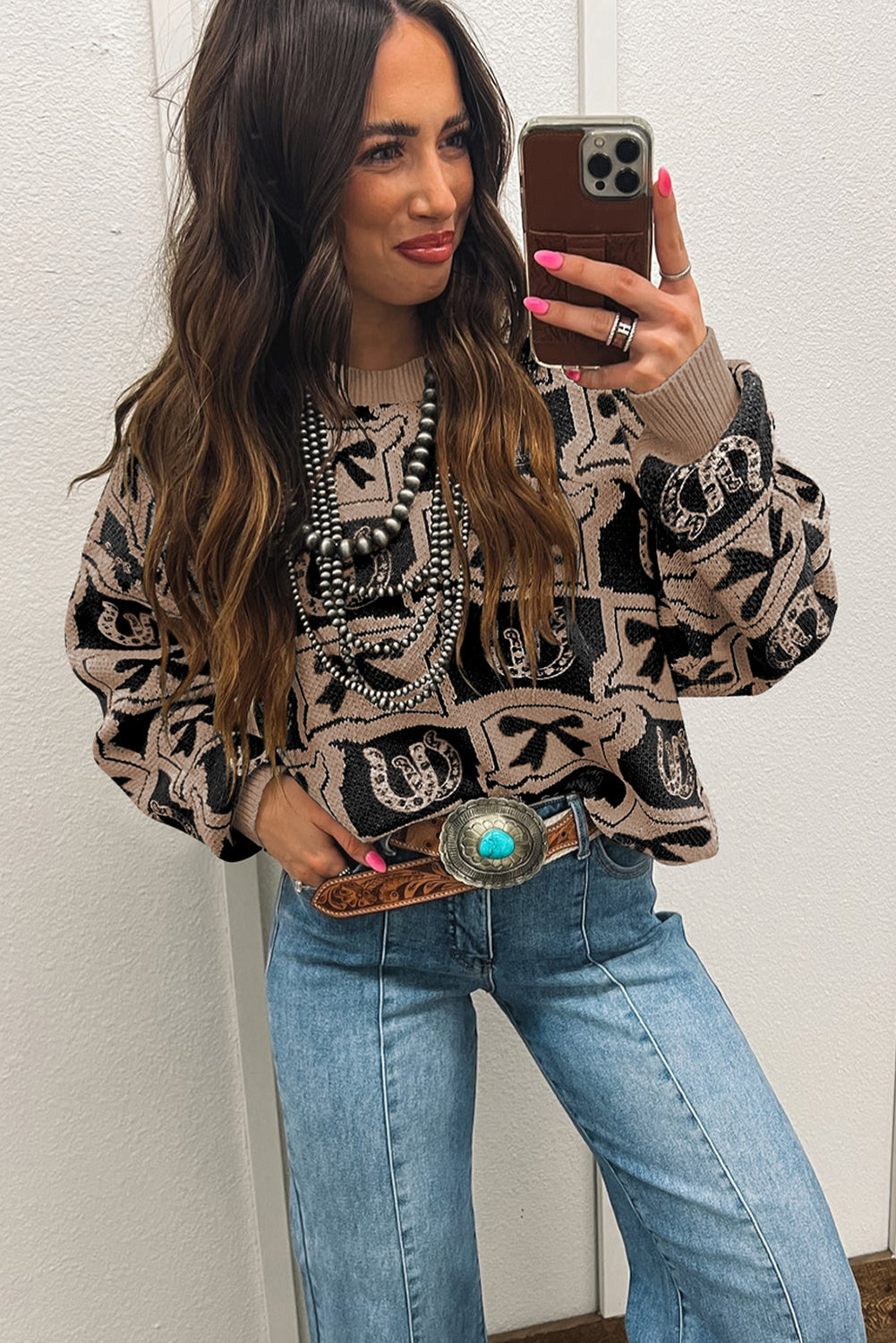 Black Colorblock Bow Pattern Drop Sleeve Relaxed Sweater