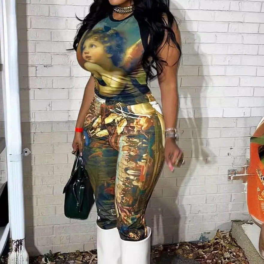 FAGADOER Fashion Print 2 Piece Sets Woman Outfit Oil Painting Sleeveless Crop Top And Pants Female Streetwear Summer Spring New