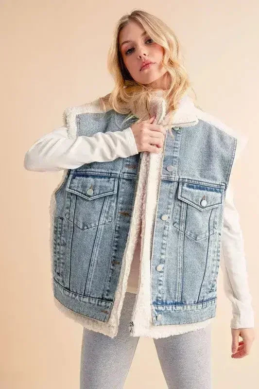 Aemi + Co Fake Two Pieces Denim Patch Sherpa Vest Coat