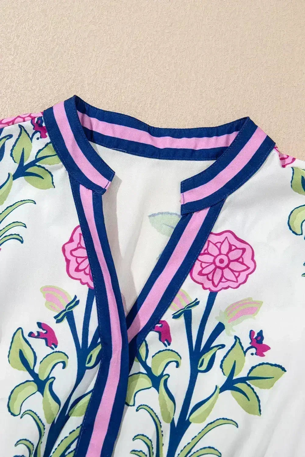 Blue Floral Ruffle Hem Pop of Color Neckline Dress