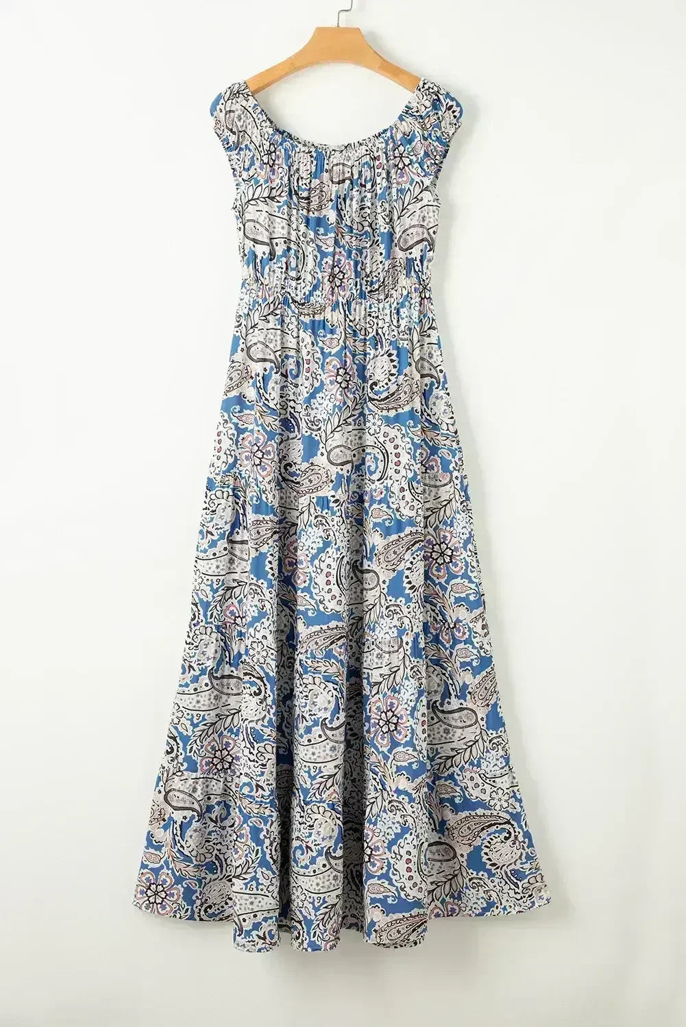 Blue Boho Paisley Print Off Shoulder Maxi Dress