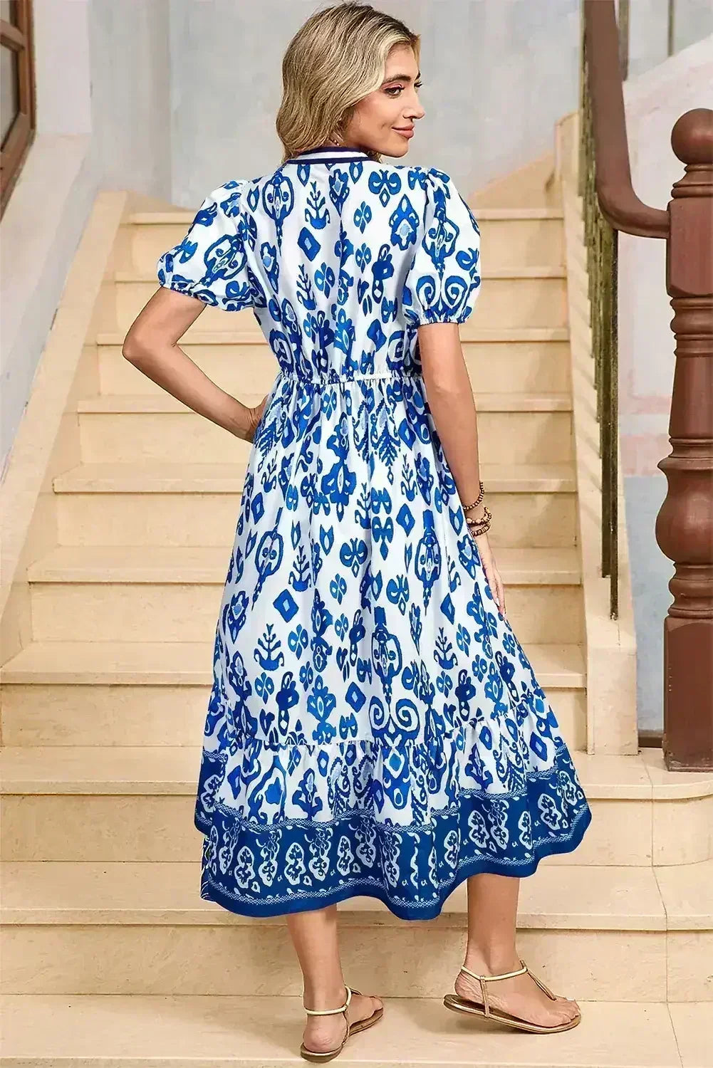 Blue Floral Ruffle Hem Pop of Color Neckline Dress