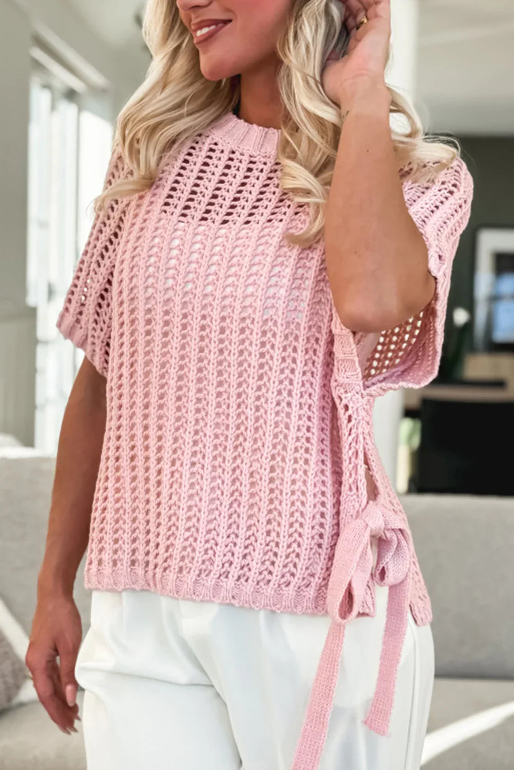 Pink Side Tie Hollow-out Crochet Knit Top