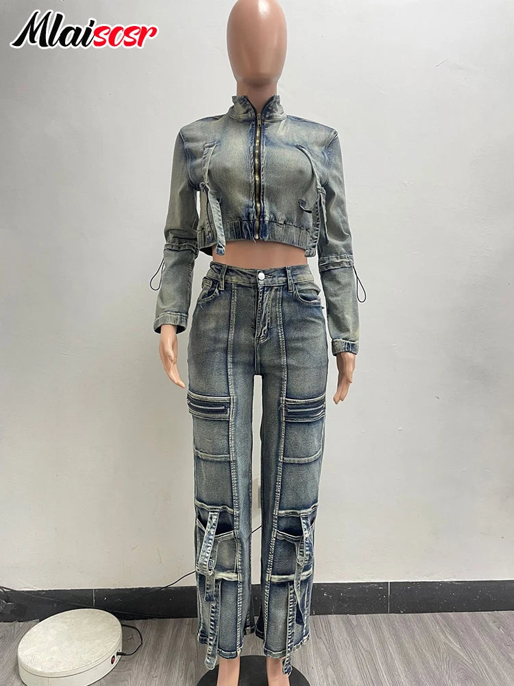 Mlaiscsr Vintage Stretch Denim 2 Piece Pants Sets Women Zip Slim Jackets and Pocket Cargo Jeans Outfit Streetwear Winter Suits