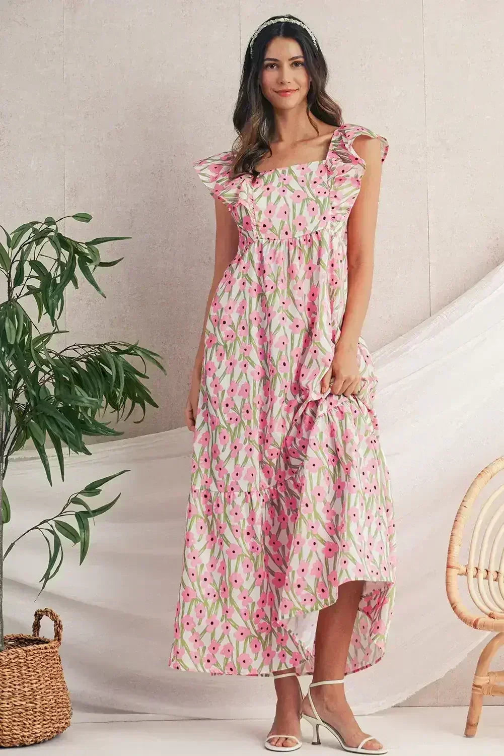Pink Floral Print Square Neck Ruffled Strap Maxi Dress