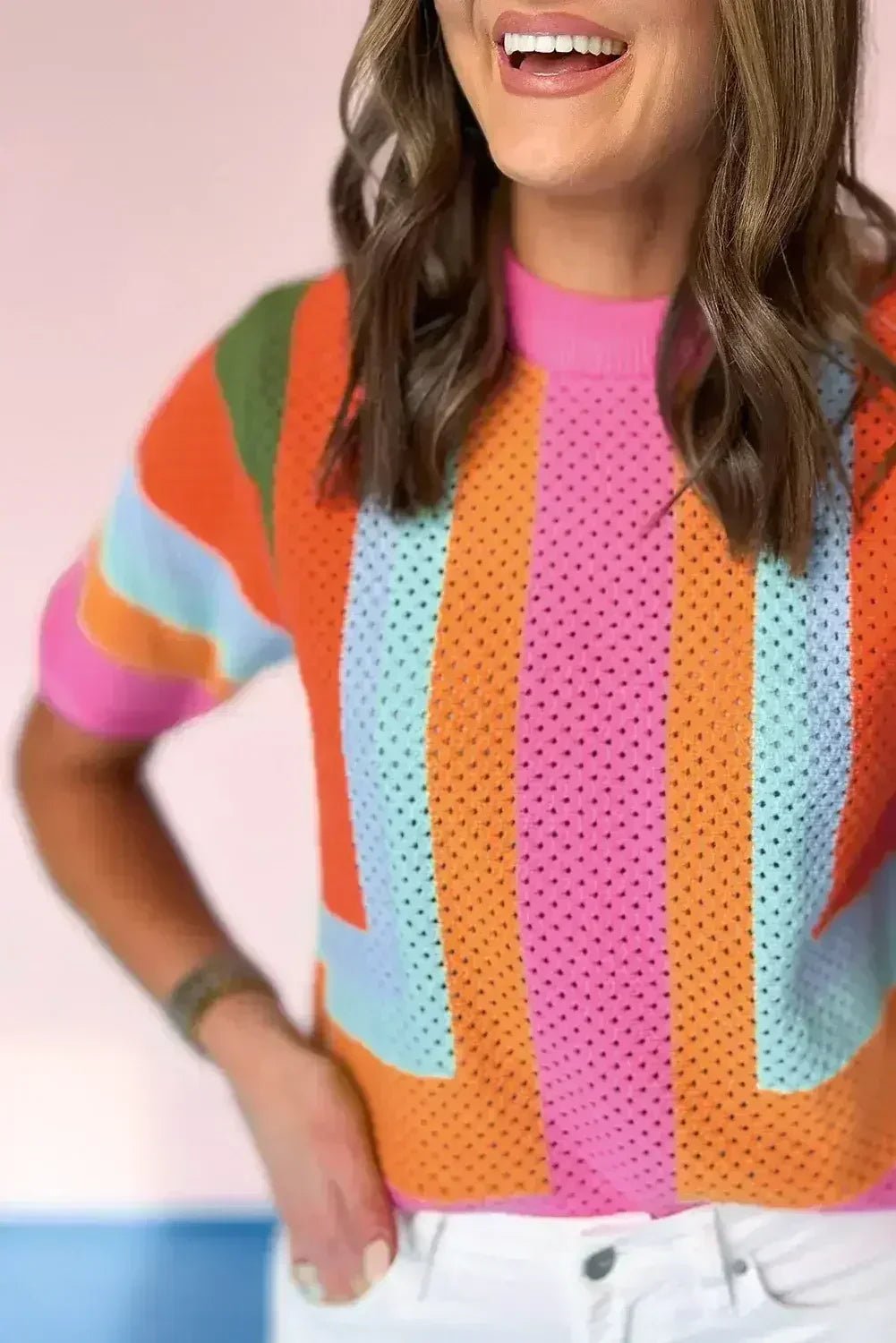 Orange Colorblock Eyelet Casual Knit T Shirt