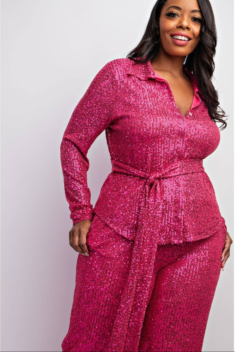 SYLVIA LUXURY PLUS SIZE SEQUIN SHIRT AND WIDE-LEG PANTS SET OUTFIT