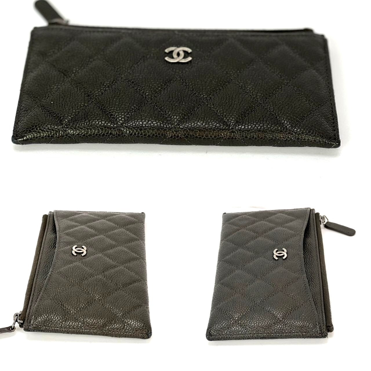 Chanel Metallic Caviar Quilted Classic Zip Dark Charcoal Pouch Clutch