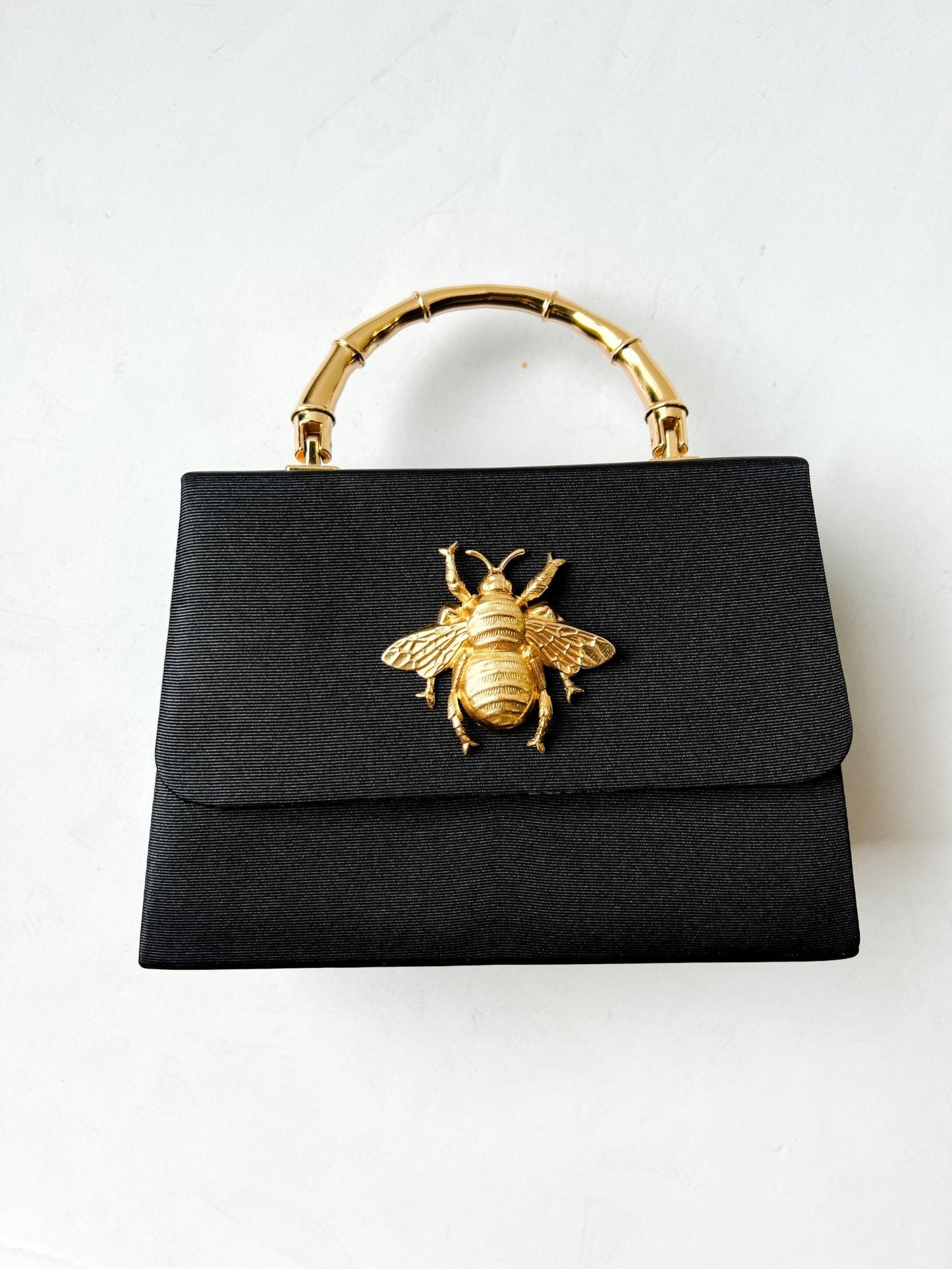 Black Faille Lulu -Gold Bamboo Handle Handbag