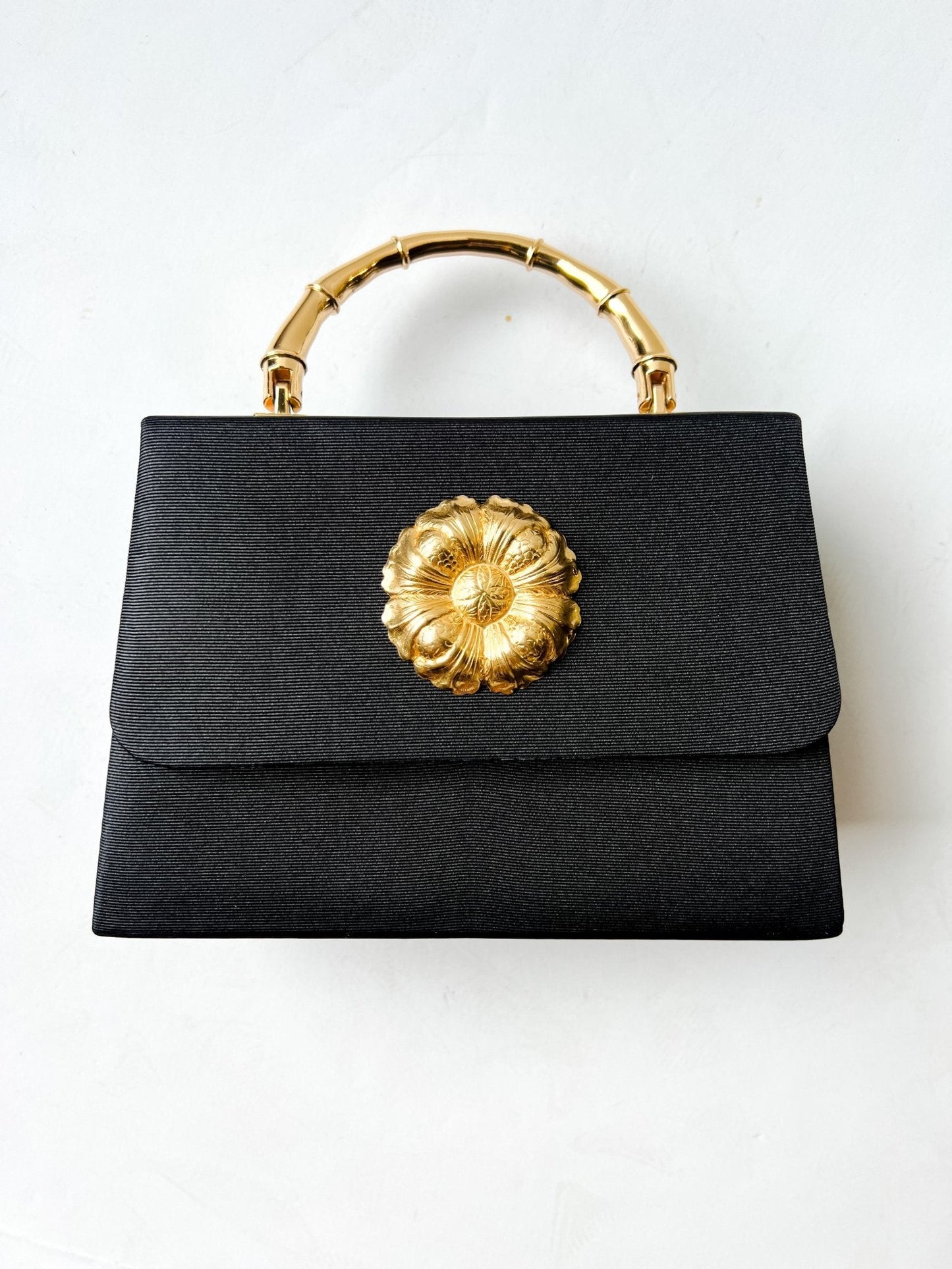 Black Faille Lulu -Gold Bamboo Handle Handbag