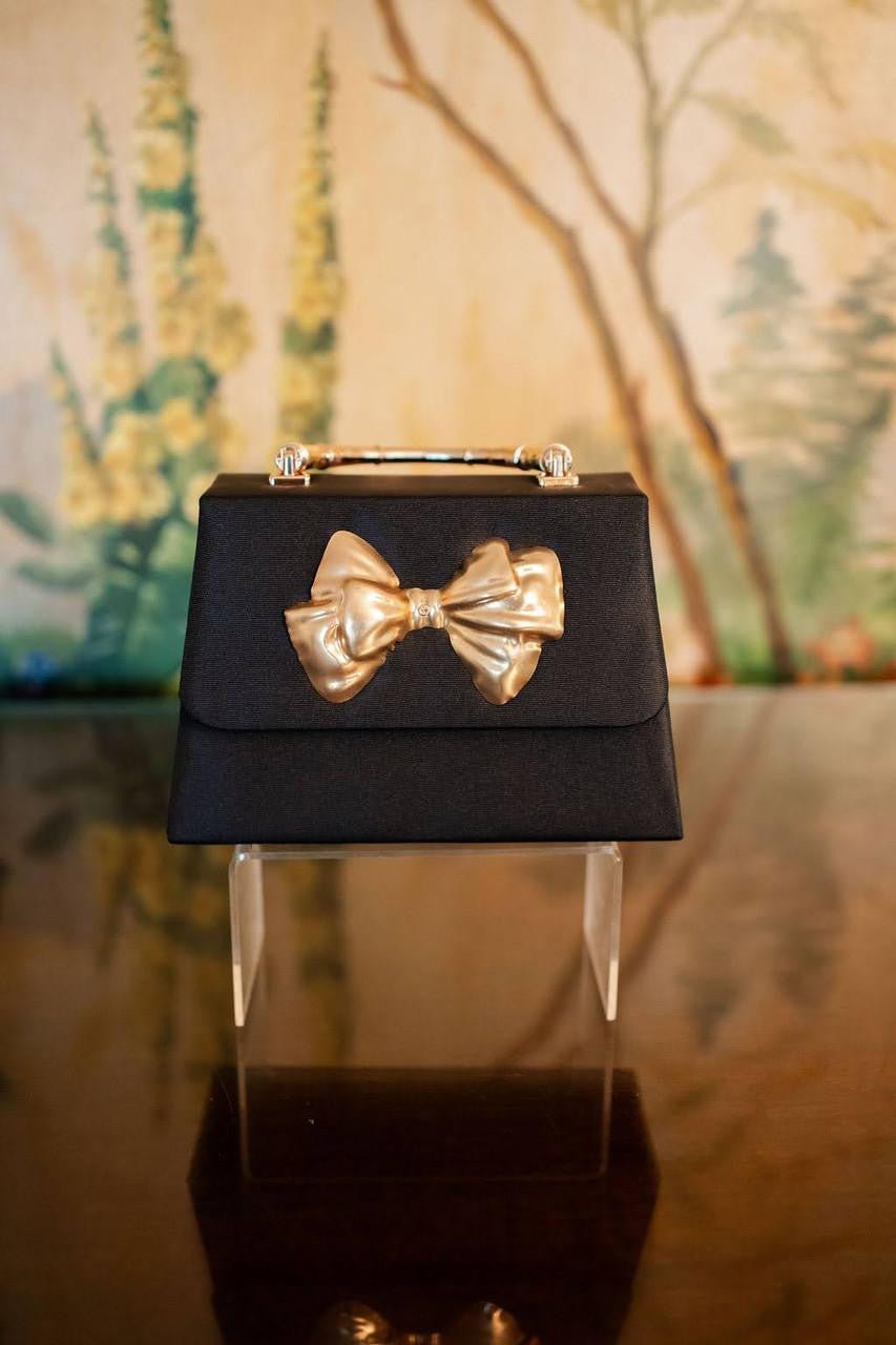 Black Faille Lulu -Gold Bamboo Handle Handbag