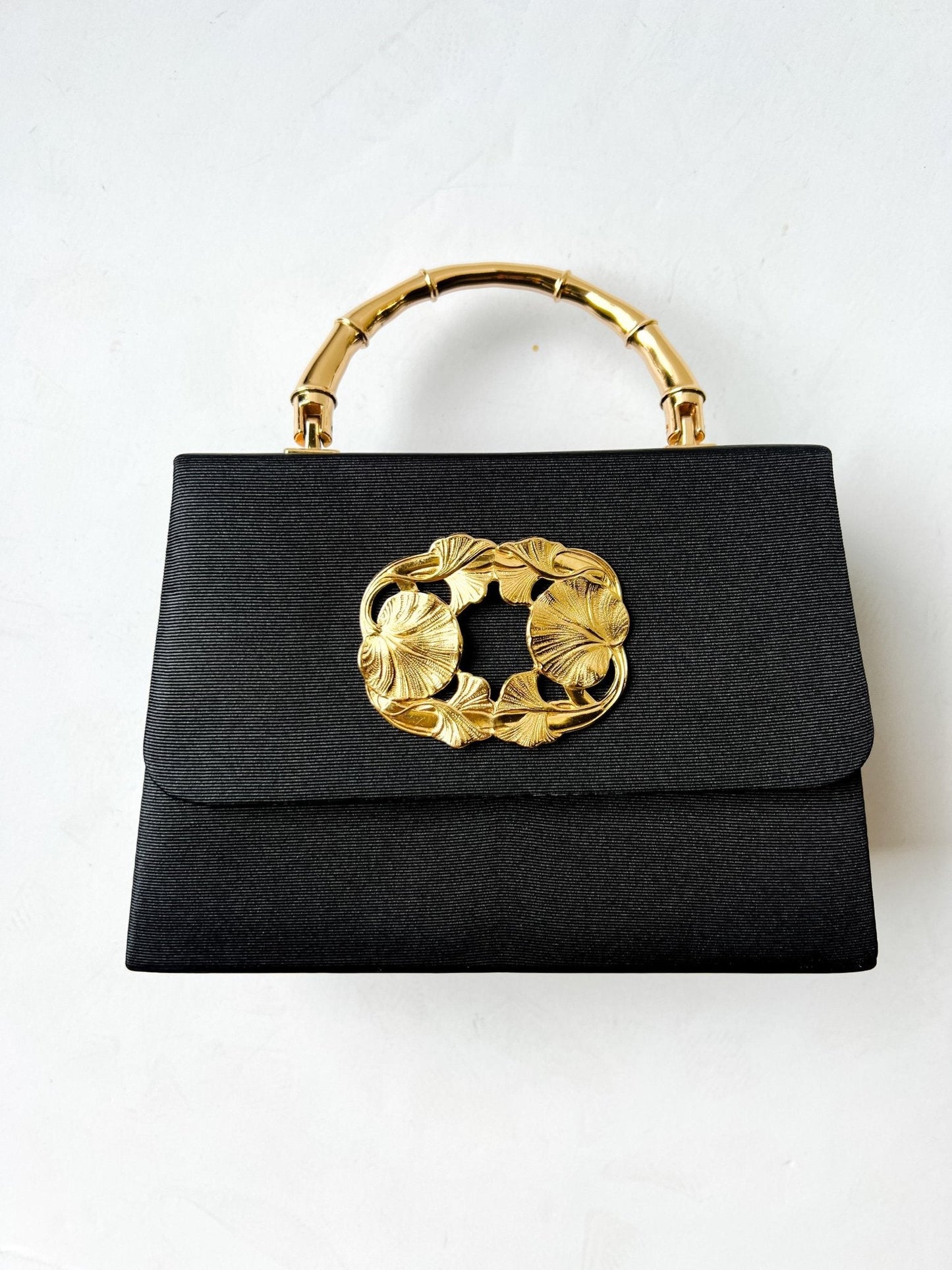 Black Faille Lulu -Gold Bamboo Handle Handbag