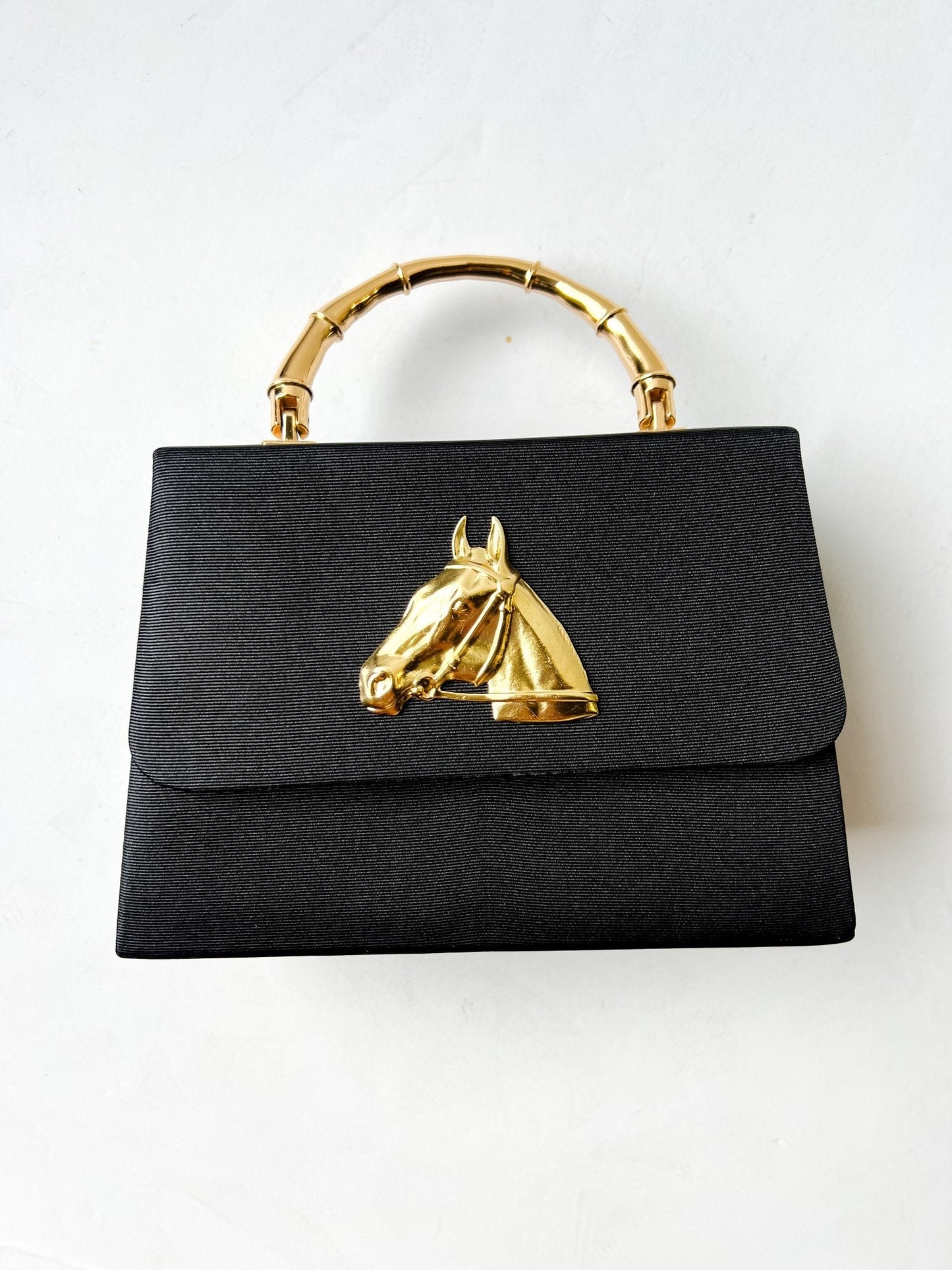 Black Faille Lulu -Gold Bamboo Handle Handbag