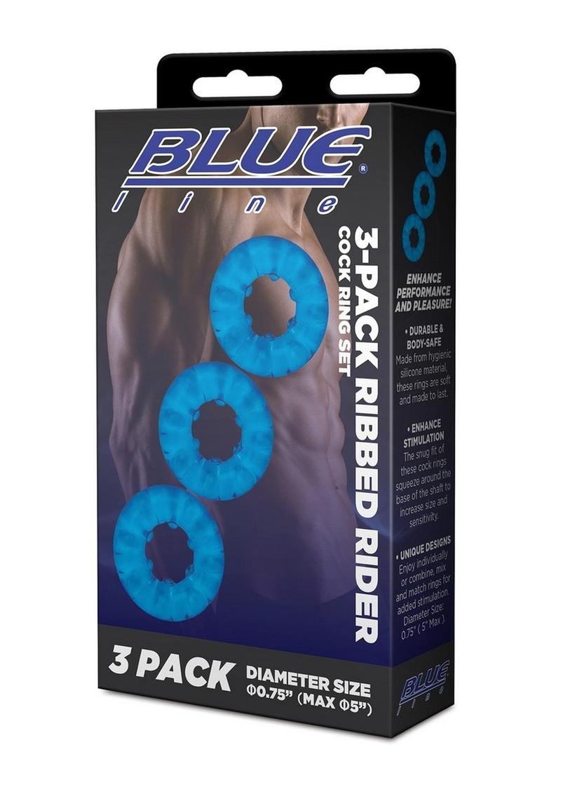 Blue Line Ribbed Rider Cock Ring Set With Comfortable Fit