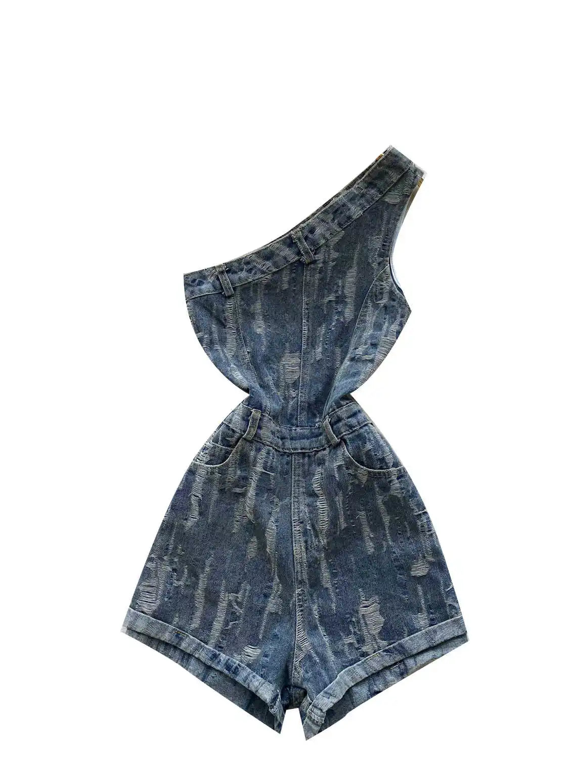 Women's Blue Ripped Denim Shorts Jumpsuits 90s Vintage Playsuits Harajuku Off Shoulder Rompers Jeans Pants Ladies Clothes Summer