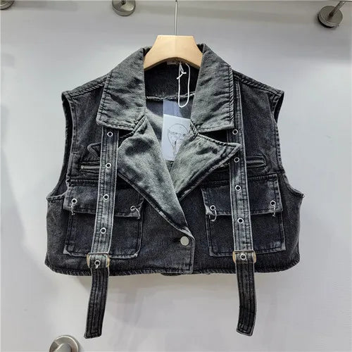 Retro Pink Large Pocket Denim Suit Spring Summer Sleeveless Short Vest High Waist Hip Wrapped Skirt 2 Pieces Sets Women Outfits