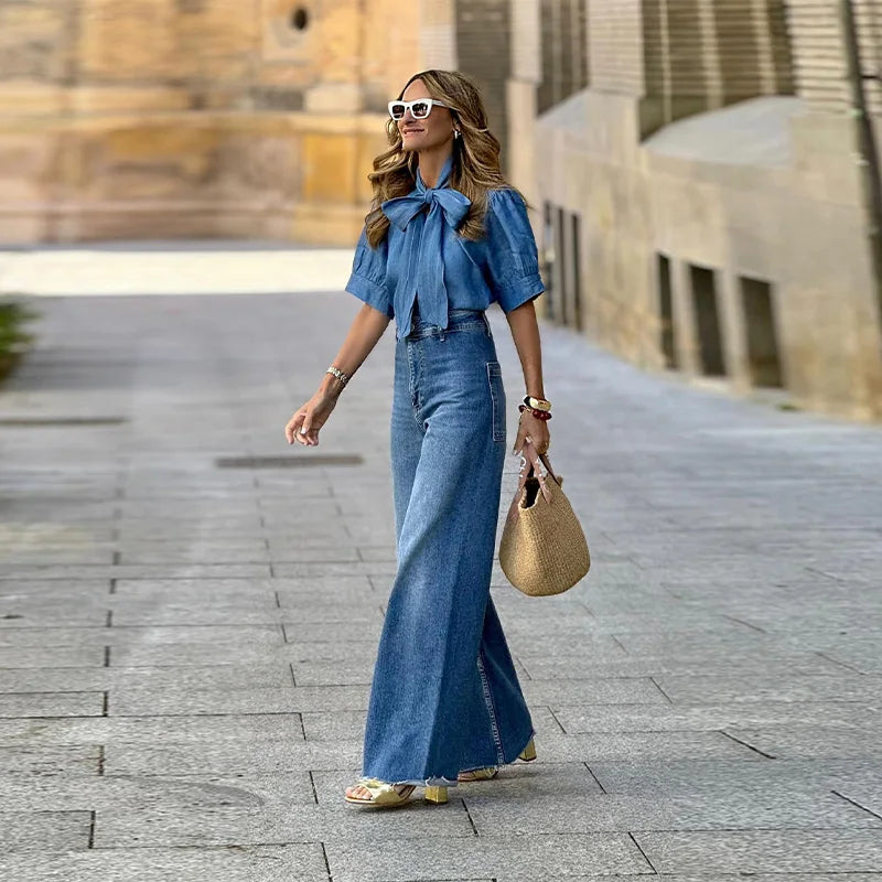 Chic Vintage Bow Lace Women Denim Shirts Pants Sets Baggy Ruff Sleeves Lady Tops Jeans Casual Office Work Elegant Fashion Suits