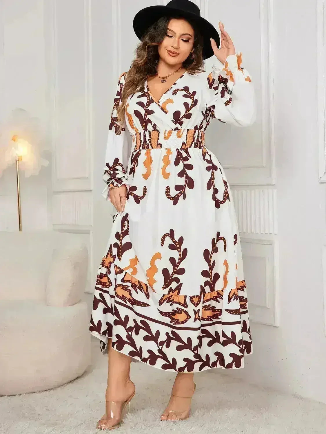 Plus Size Surplice Dress - Flounce Sleeve & Ruffled Hem | Femstylo