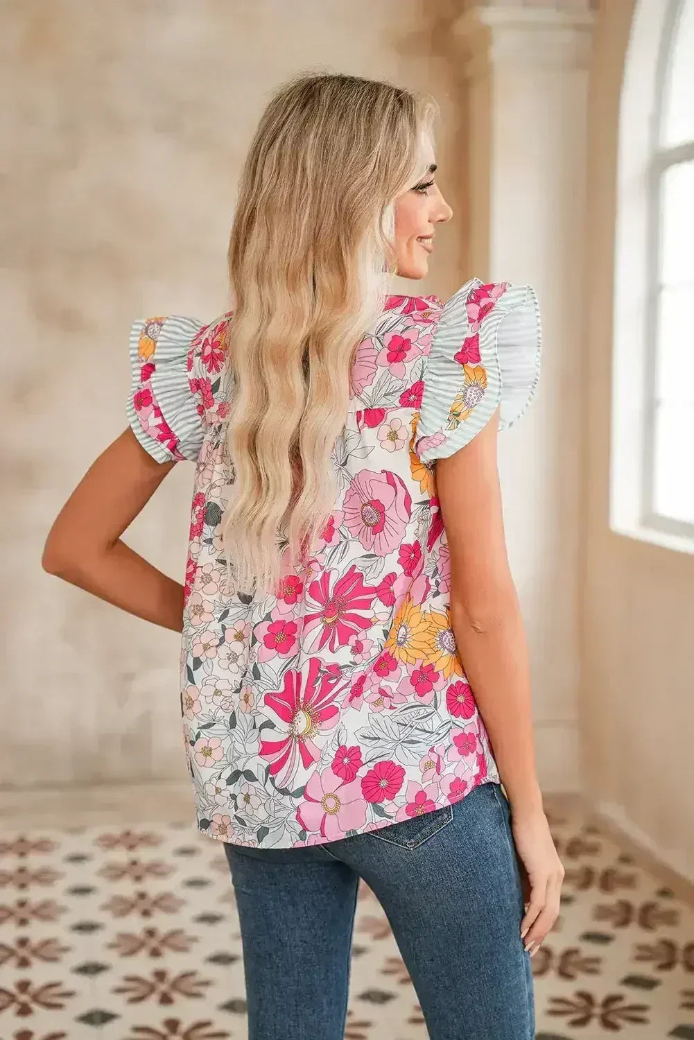 Pink Floral Print Ruffle Trim Pleated Boho Blouse | Femstylo