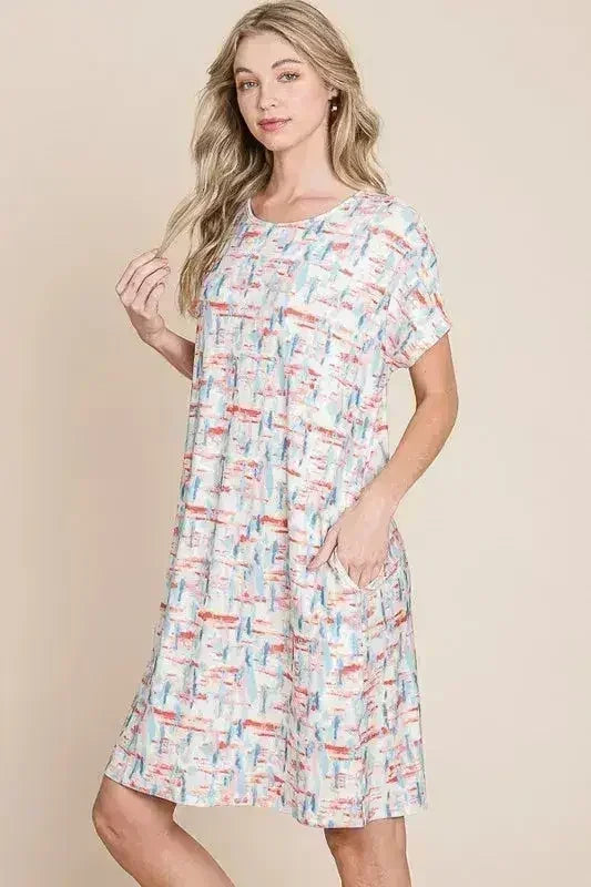 BOMBOM Printed Tee Dress - Casual Short Sleeve | Femstylo
