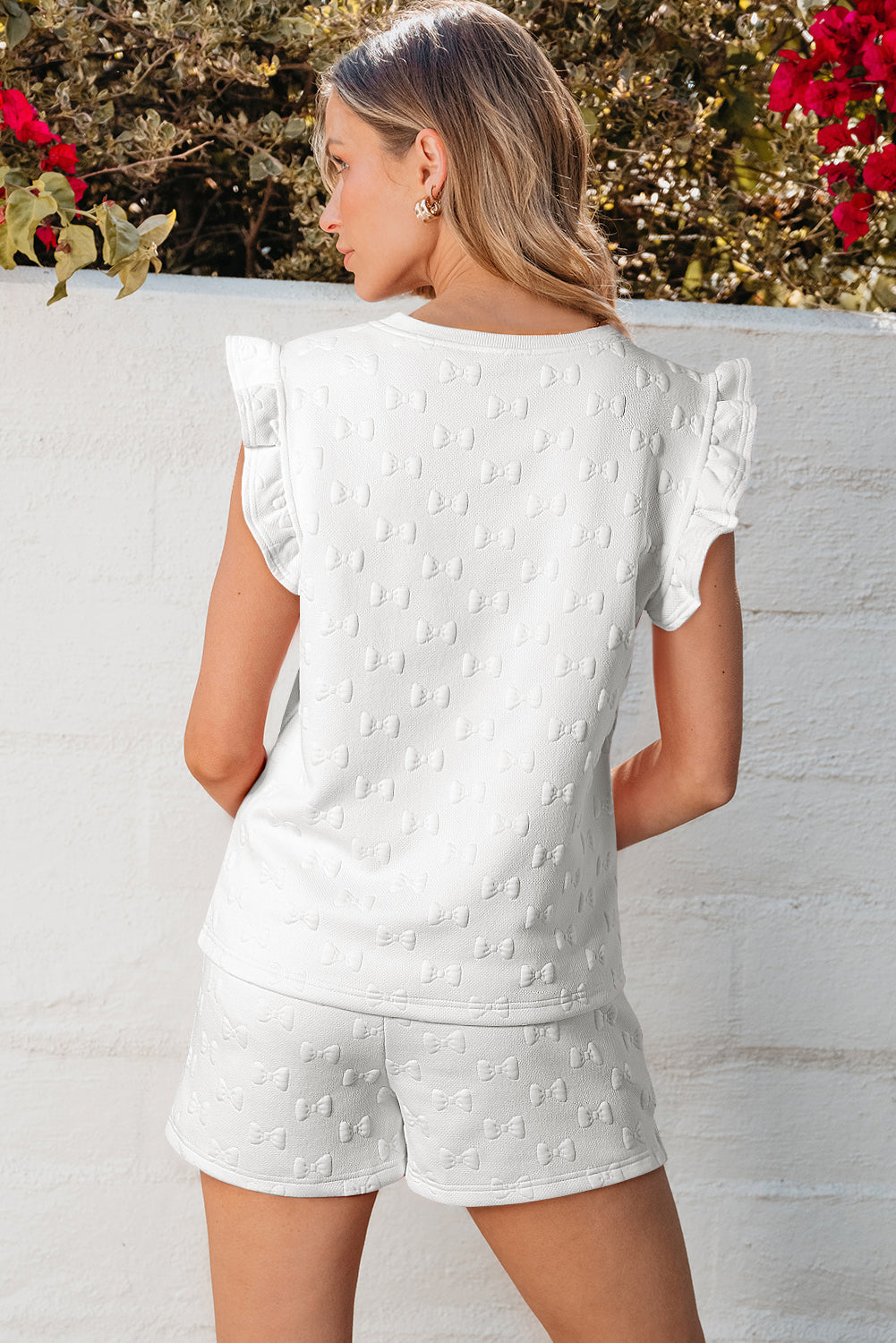 Ocean Bow Jacquard Ruffle Sleeve Short 2pcs Outfit