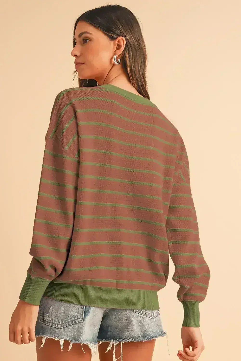 Pink Stripe Round Neck Drop Shoulder Loose Sweater