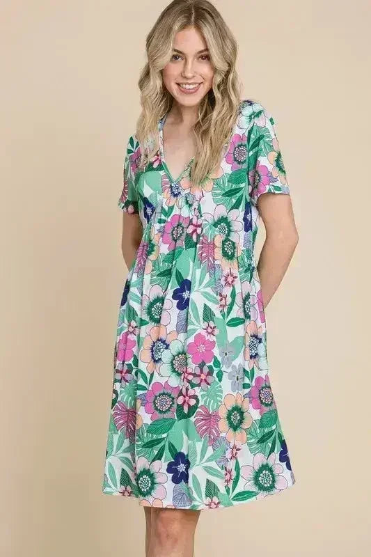 BOMBOM Ruched Floral V-Neck Short Sleeve Dress
