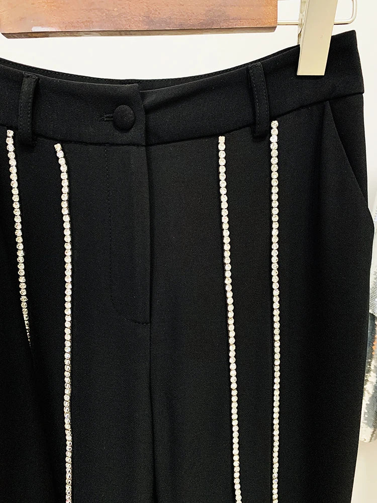 HIGH STREET Newest Fashion 2024 Designer Suit Set Women's Single Button Hollow Out Diamonds Beaded Blazer Flare Pants Set